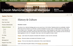 "History and Culture" page for the Lincoln Memorial, featured on the NPS National Mall website